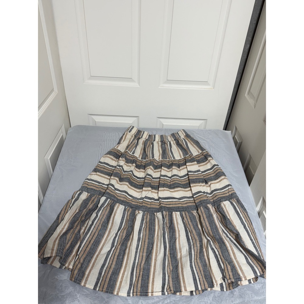 Margaret O'Leary Striped Tiered Midi Skirt Beige Grey Boho Elastic Waist Medium